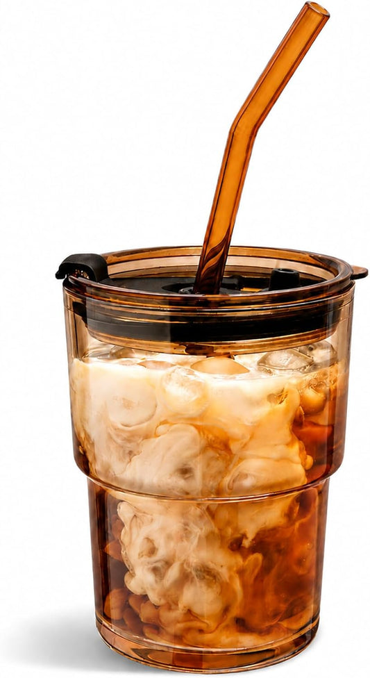 Olvini 13oz Glass Tumbler with Straw and Lid, Reusable Iced Coffee Cup, Thick Glass Cups for Water, Matcha, Iced Tea, Amber