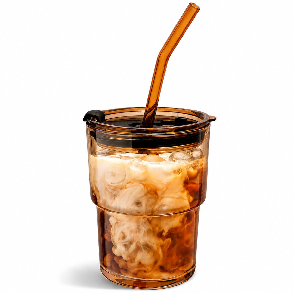 Olvini 13oz Glass Tumbler with Straw and Lid, Reusable Iced Coffee Cup, Thick Glass Cups for Water, Matcha, Iced Tea, Amber