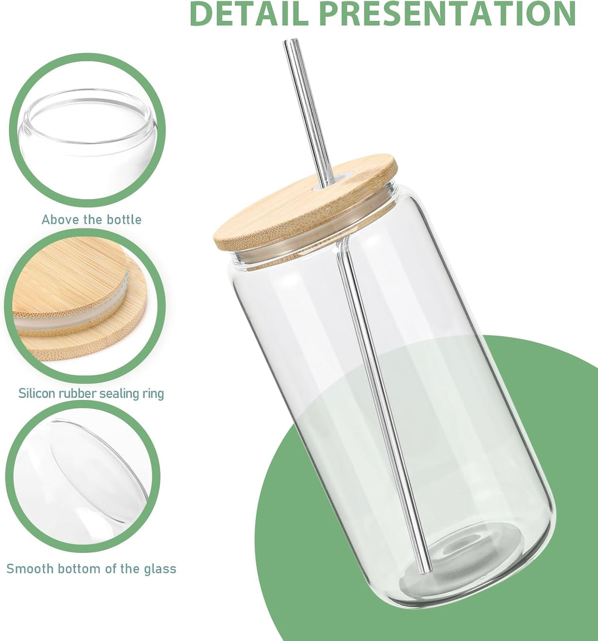 YOUKE OLA 20 Pack Glass Cups with Bamboo Lids and Metal Straw Can Shaped Drinking Glasses, Glass Tumbler Reusable Cute Cups for Whiskey, Iced Coffee, Tea, Soda, Cocktail, Gift, Clear 20oz