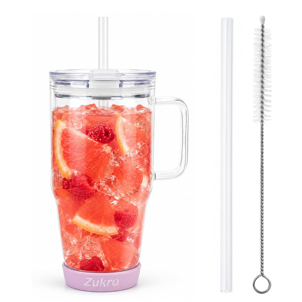 Zukro 32 oz Glass Water Tumbler with Handle & Straw, 2-in-1 Leak Proof Lid