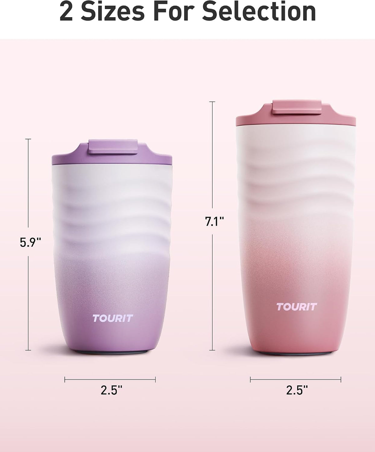 TOURIT 12 oz Travel Coffee Mug, Vacuum Insulated Stainless Steel Tumbler with Ripple-Wave Anti-Slip Grip, Built-in Silicone Bottom for Quiet & Stable, Leak-Proof Lid, Fits Car Cup Holder, Pink