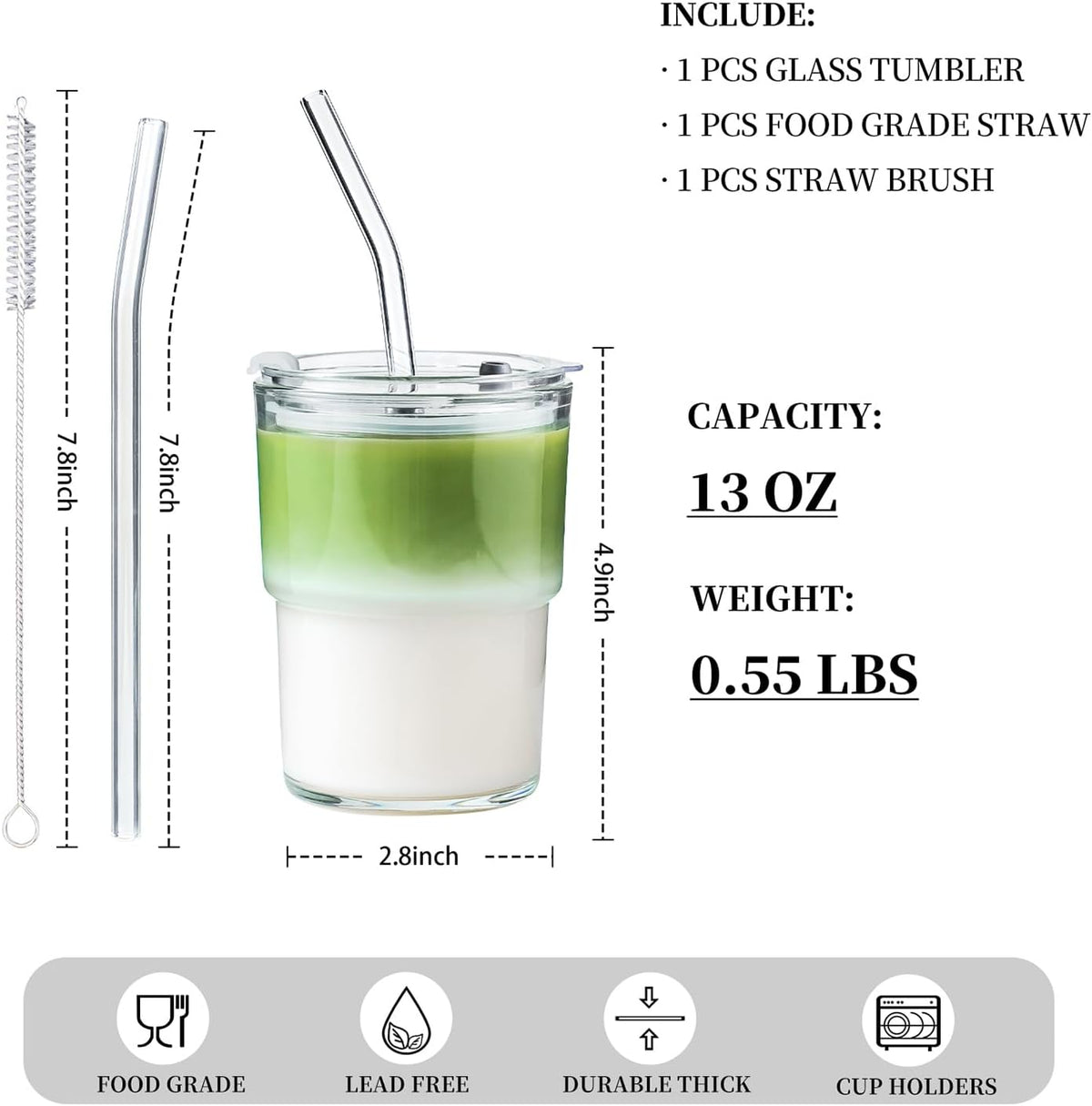 Olvini 13oz Glass Tumbler with Straw and Lid, Reusable Iced Coffee Cup Tumbler, Cute Glass Cups for Water, Matcha, Travel Coffee Mugs (Clear)