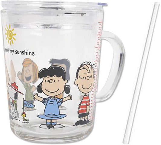 Kids Straw Cup with Lid and Handle,14oz Cute Glass Tumbler with Scale for Water, Tea, Milk Coffee
