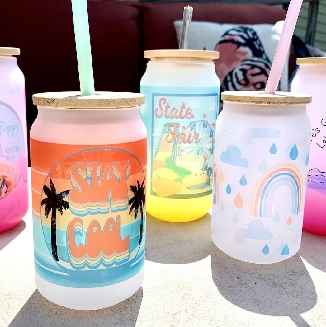 ABBSH Sublimation Glass Cups With Bamboo Lids And Straws 16OZ，Sublimation Beer Can Glass, Sublimation Frosted Glass Tumbler Blanks 12Pack