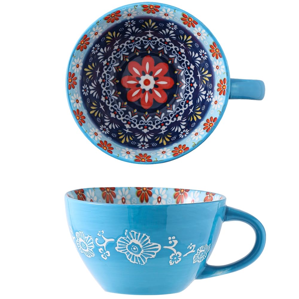 Bohemian Hand-Painted Ceramic Mug, 15 Oz Large Coffee Cup for Milk, Tea, and Breakfast, Dishwasher & Microwave Safe Artisan Cup, Orange
