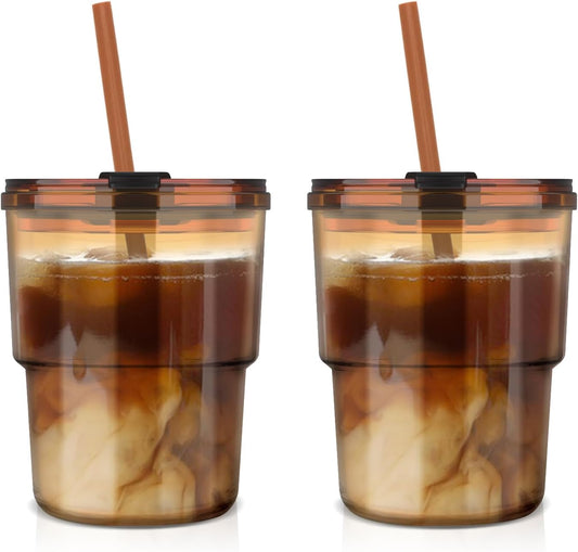 Luxfuel 13 oz Glass Cups with Lids and Straws Reusable Iced Coffee Tumbler