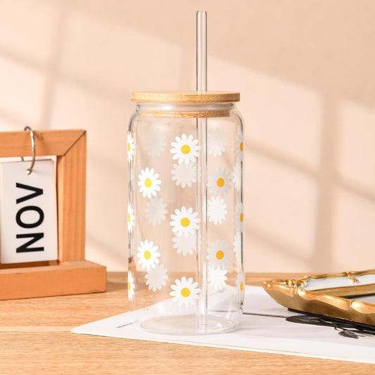 ANABIUP Cute Glass Cups with Lids and Straws, Daisy Flower Iced Coffee Smoothie Matcha Cup Tumbler Birthday Gifts for Women Sister Friend Her Preppy Teenage Girls Teen Girl Gifts Trendy Stuff Things