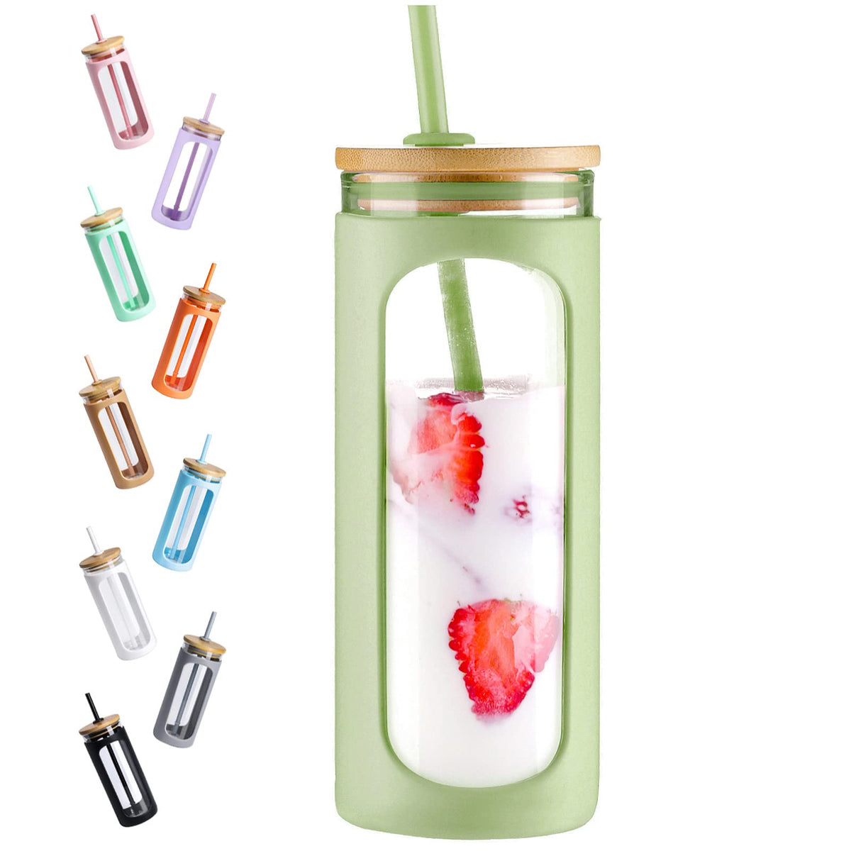 Kodrine 20oz Glass Water Tumbler with Straw and Lid, Bamboo Lids Water Bottle, Iced Coffee Cup Reusable, Wide Mouth Smoothie Cups with Protective Silicone Sleeve BPA FREE-Amber