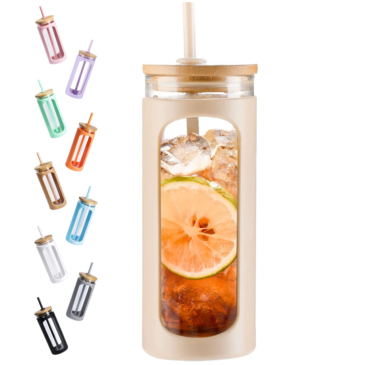 Kodrine 20oz Glass Water Tumbler with Straw and Lid, Bamboo Lids Water Bottle, Iced Coffee Cup Reusable, Wide Mouth Smoothie Cups with Protective Silicone Sleeve BPA FREE-Amber