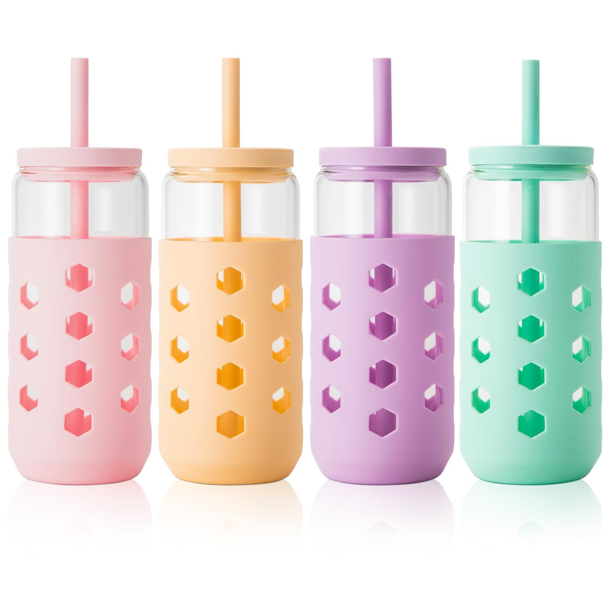 Mrsdry 16 oz Glass Cups with Lids and Straws for Gift, 4-Pack, Mint