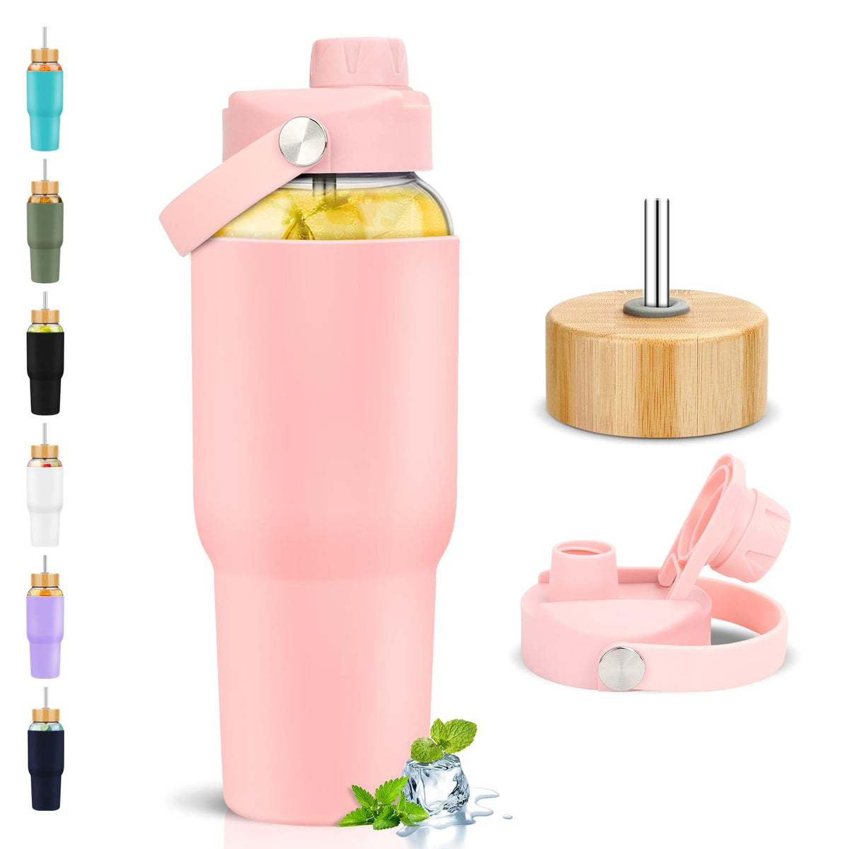 PROBTTL 40 oz Glass Tumbler with Handle - Sports Clear Borosilicate Glass Water Bottle with Straw, Silicone Sleeve, 2 Lids - Handle Spout & Bamboo Straw Lid, Fits Car Cup Holder, Leakproof (Olive)