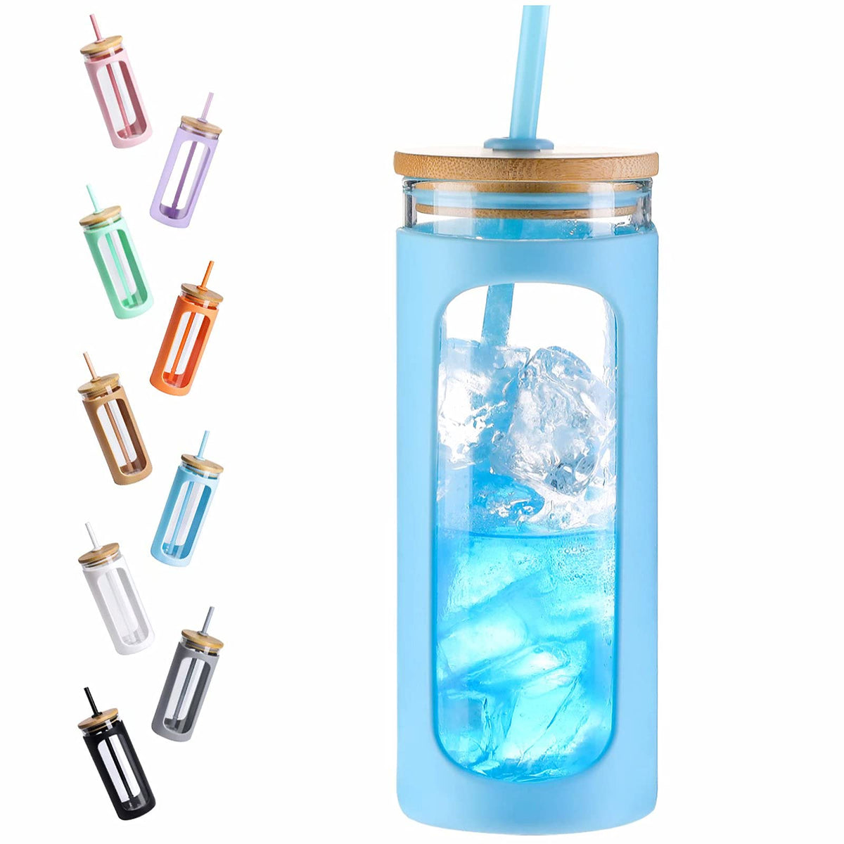 Kodrine 20oz Glass Water Tumbler with Straw and Lid, Bamboo Lids Water Bottle, Iced Coffee Cup Reusable, Wide Mouth Smoothie Cups with Protective Silicone Sleeve BPA FREE-Amber