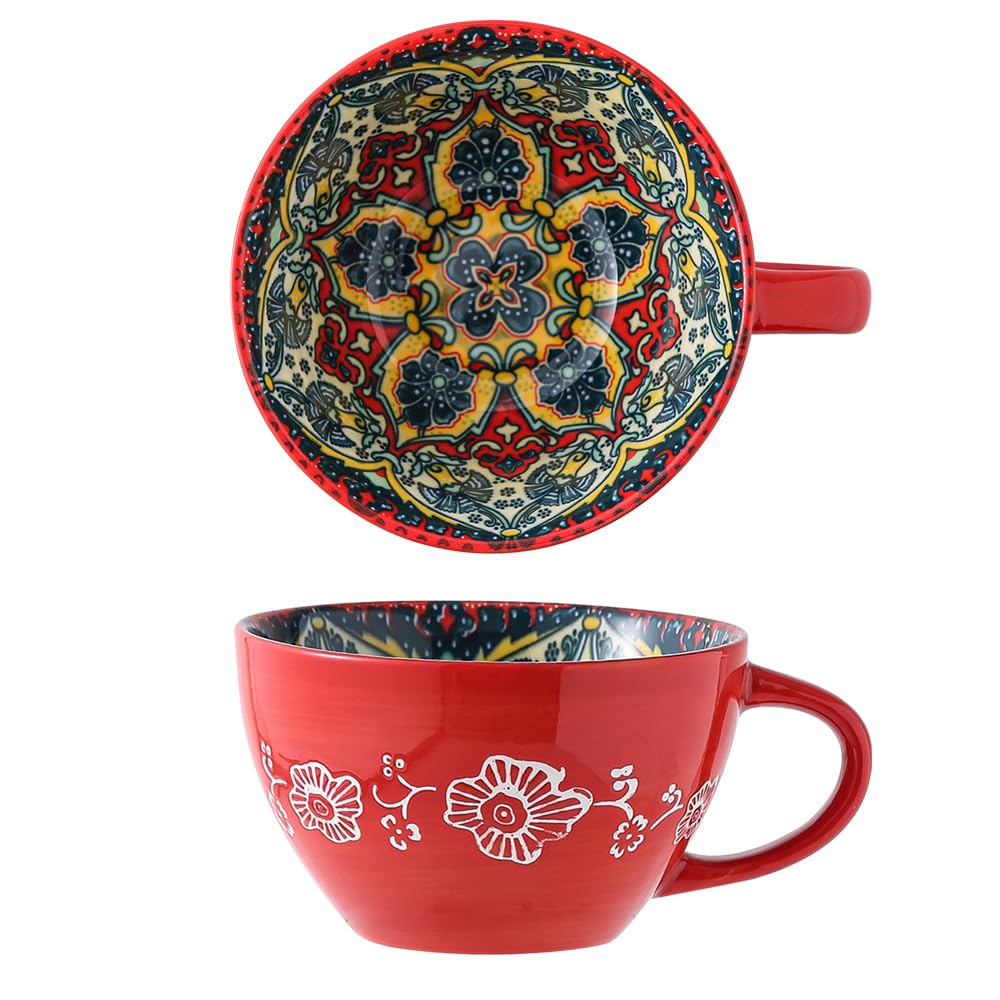 Bohemian Hand-Painted Ceramic Mug, 15 Oz Large Coffee Cup for Milk, Tea, and Breakfast, Dishwasher & Microwave Safe Artisan Cup, Orange