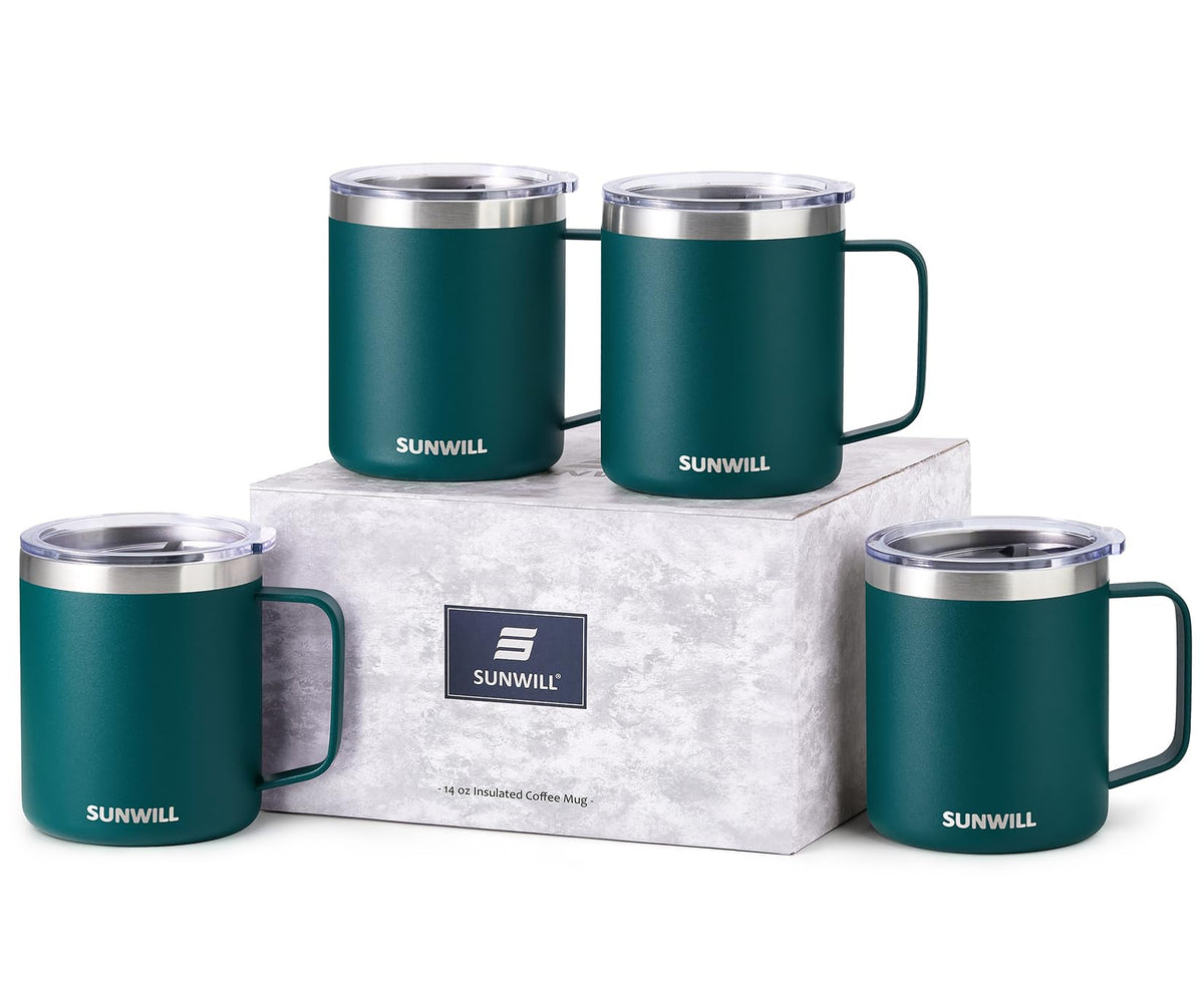 SUNWILL Insulated Coffee Mug, Stainless Steel 14 oz, Splash-Proof Lid