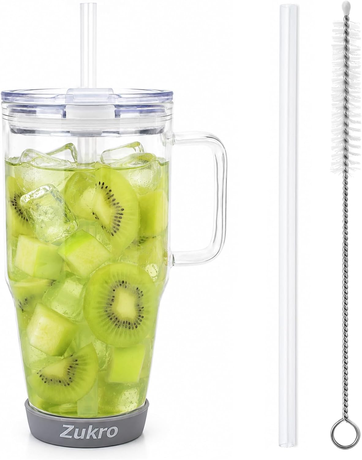 Zukro 32 oz Glass Water Tumbler with Handle & Straw, 2-in-1 Leak Proof Lid