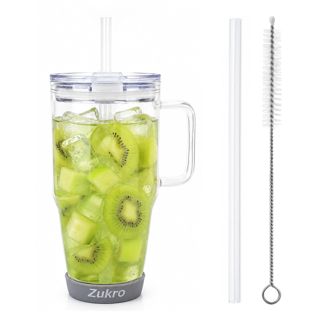 Zukro 32 oz Glass Water Tumbler with Handle & Straw, 2-in-1 Leak Proof Lid