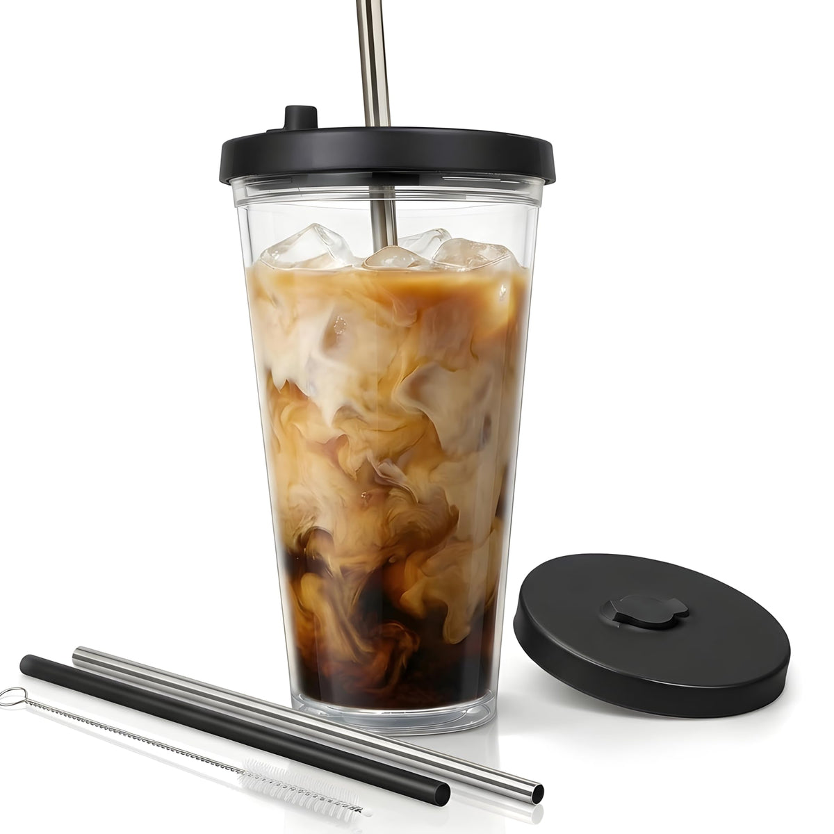 Reusable Iced Coffee Cup with Lid and Straw, 24 oz/Venti, BPA-Free Double-Wall Insulated Plastic Tumbler for Cold Drinks, Includes Clear Plastic Straw, Stainless Steel Straw and Cleaning Brush, White