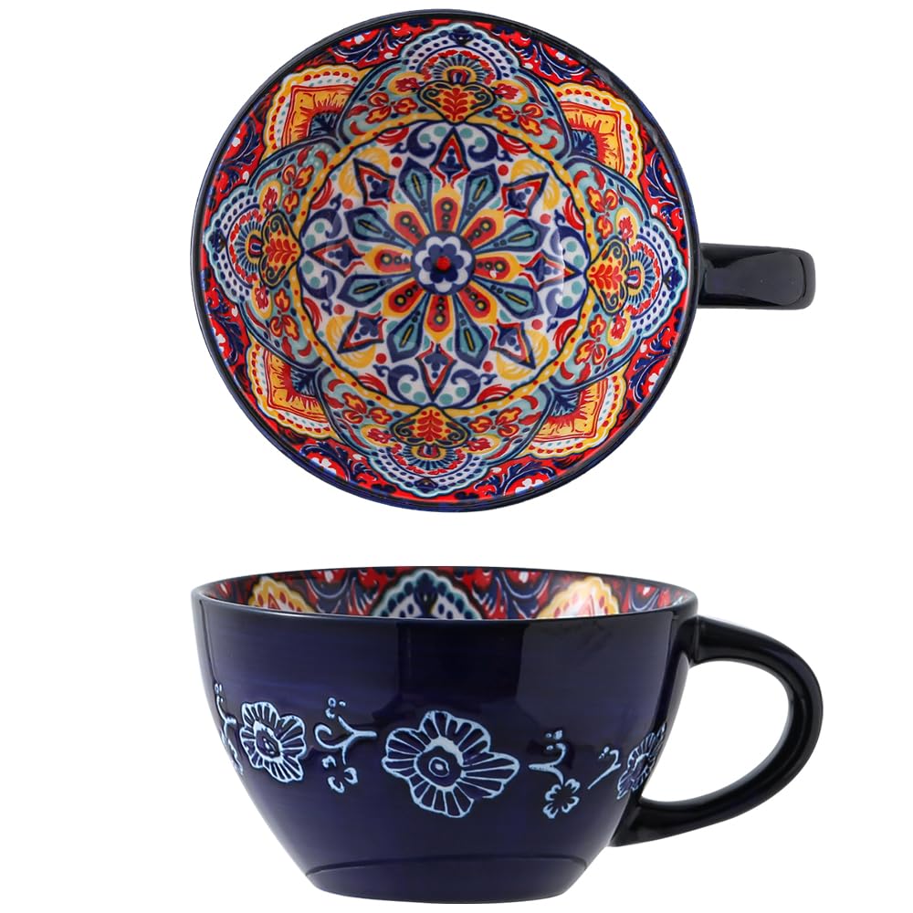 Bohemian Hand-Painted Ceramic Mug, 15 Oz Large Coffee Cup for Milk, Tea, and Breakfast, Dishwasher & Microwave Safe Artisan Cup, Orange
