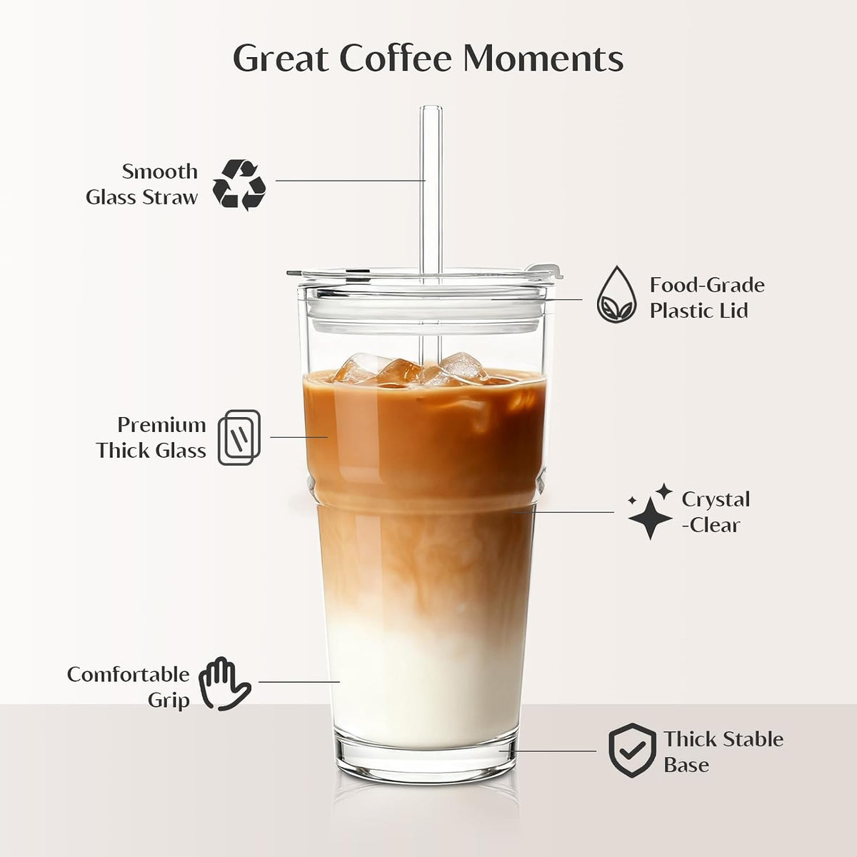 INSETLAN 20 oz Iced Coffee Cups with Lids and Straw, Set of 2 Glass Tumbler