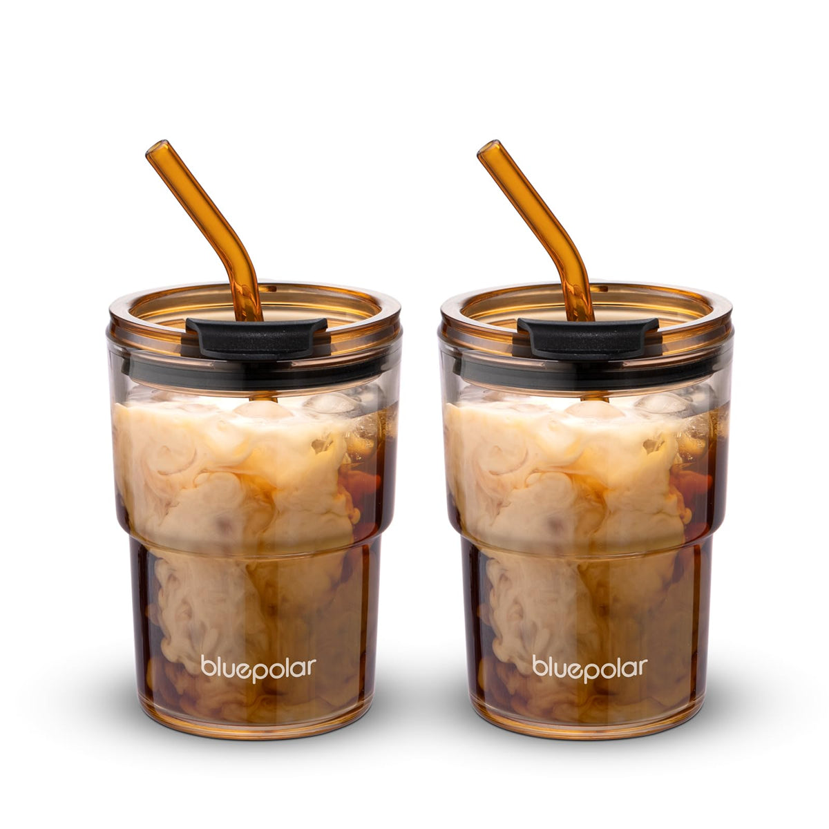 BLUEPOLAR 13oz/400ml Iced Coffee Cups with Lids and Straw，Sealed Carry On Thick Wall Glass Matcha Tumbler for Juice，Water, Late,Tea Fits Car Cup Holders for Office，Gym(Aurora White