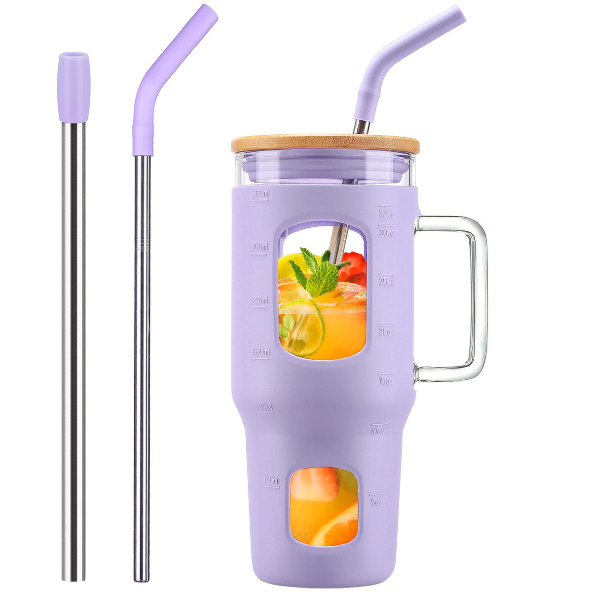 WINSA Glass Tumbler with Straw and Lid, 40 oz, Olive