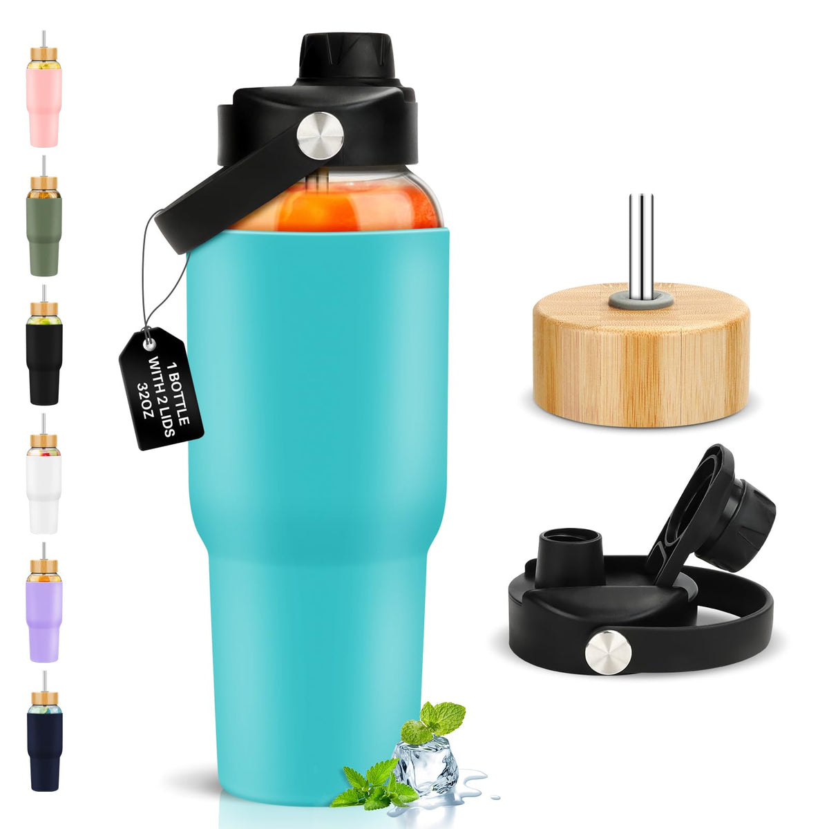 PROBTTL 40 oz Glass Tumbler with Handle - Sports Clear Borosilicate Glass Water Bottle with Straw, Silicone Sleeve, 2 Lids - Handle Spout & Bamboo Straw Lid, Fits Car Cup Holder, Leakproof (Olive)
