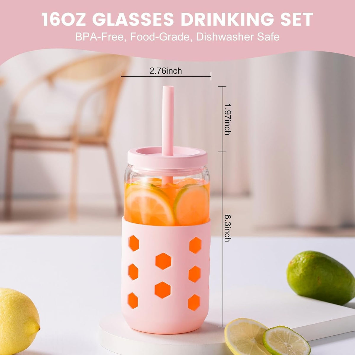Mrsdry 16 oz Glass Cups with Lids and Straws for Gift, 4-Pack, Mint