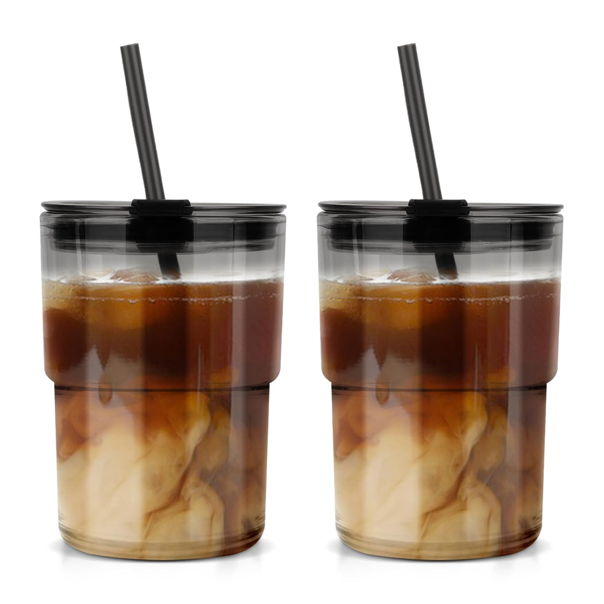 Luxfuel 13 oz Glass Cups with Lids and Straws Reusable Iced Coffee Tumbler