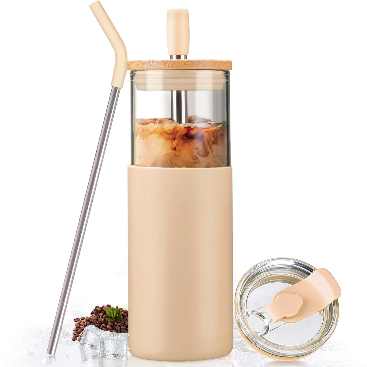 Kodrine 20oz Glass Water Tumbler with Straw and Lid, Bamboo Lids Water Bottle, Iced Coffee Cup Reusable, Wide Mouth Smoothie Cups with Protective Silicone Sleeve BPA FREE-Amber