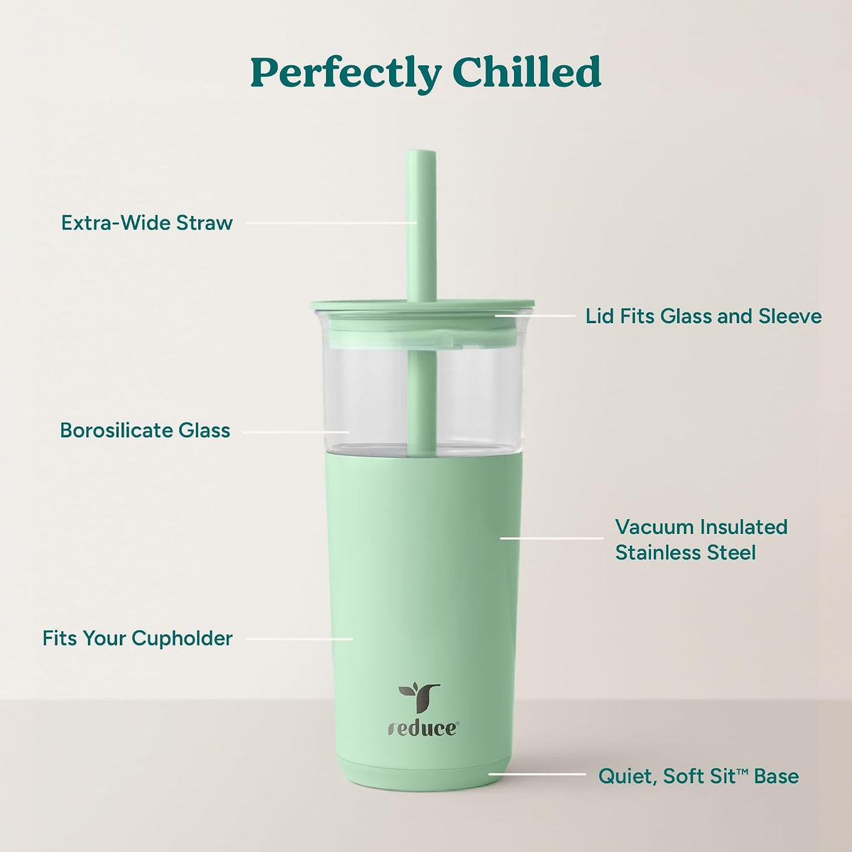 REDUCE Aspen - 20oz Vacuum Insulated Glass Tumbler - Extra Wide Straw & Lid