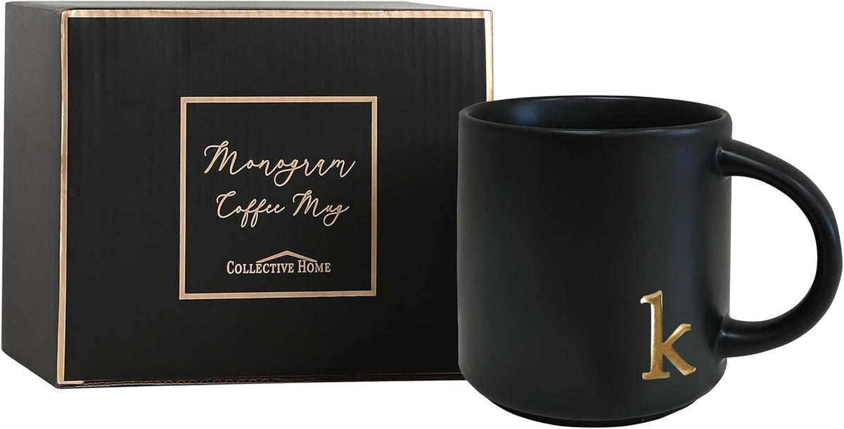 COLLECTIVE HOME Black Ceramic Coffee Mug, 15 oz Golden Monogram Tea Cup (k)