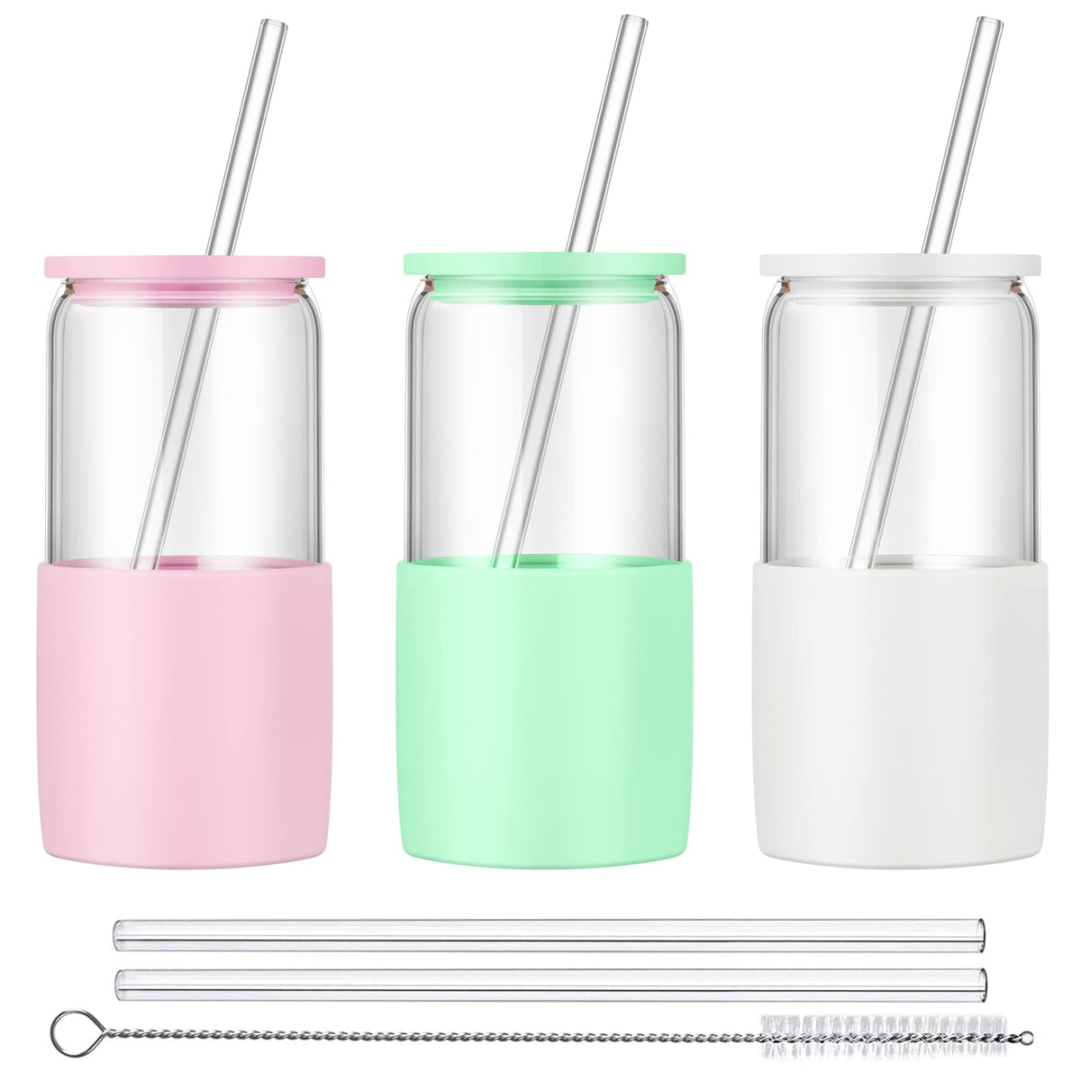Sunseeke Glass Tumbler with Straw and Lid, 16oz Ice Coffee Cup, Silicone Sleeve Cleaning Brushes, Drinking Glasses for Water, Iced Coffee, Smoothie -BPA Free -3 Pack
