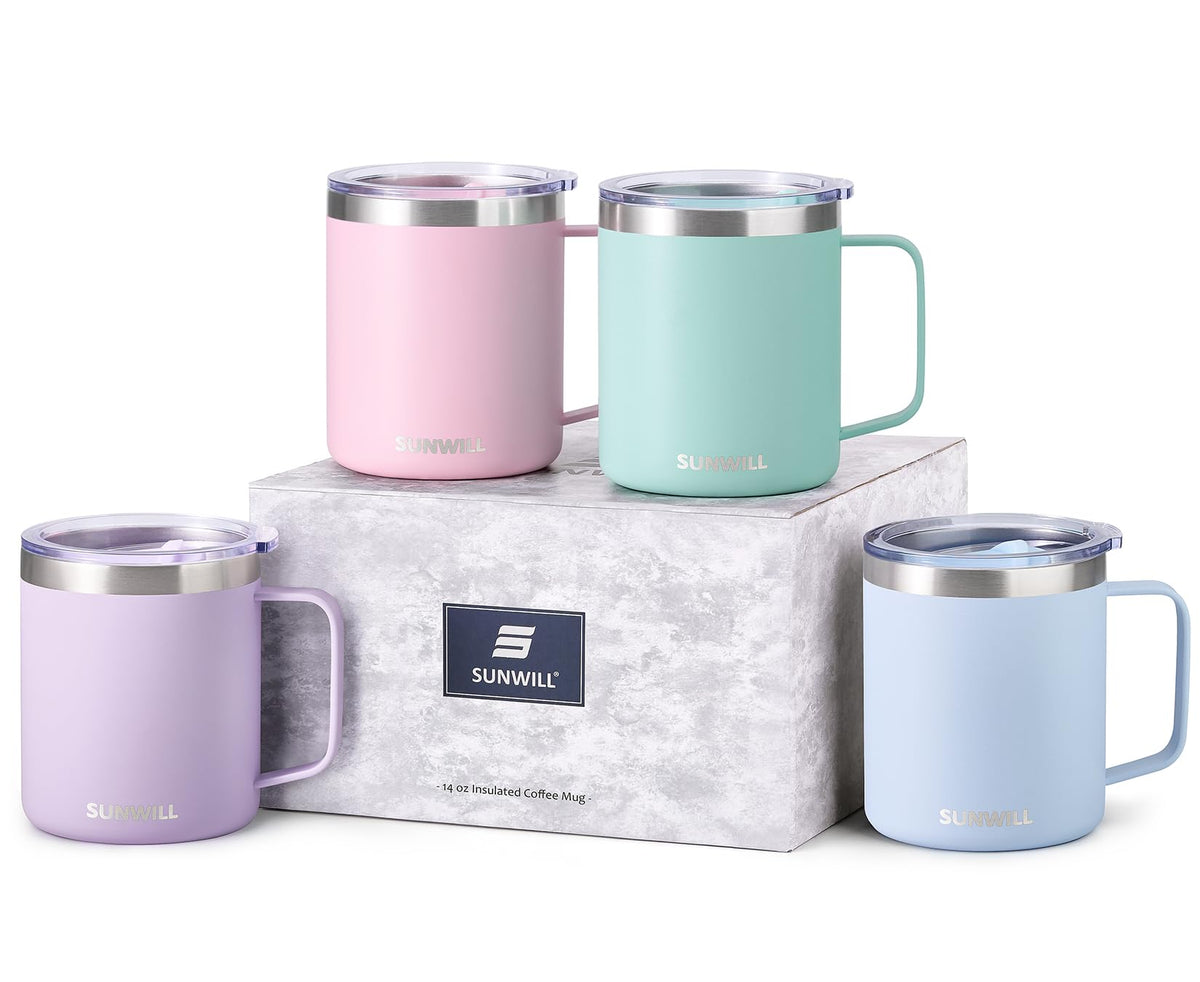 SUNWILL Insulated Coffee Mug, Stainless Steel 14 oz, Splash-Proof Lid