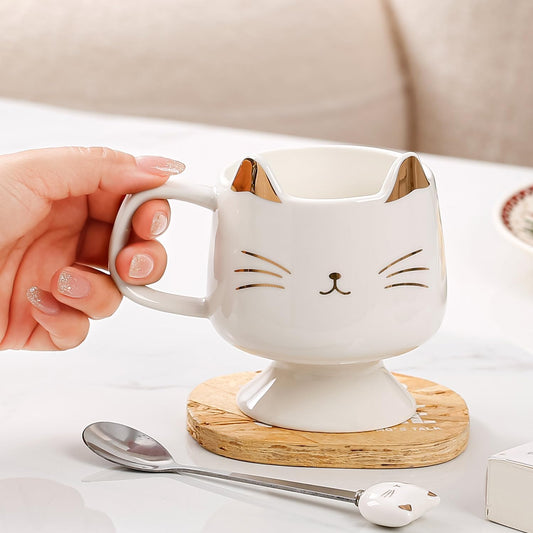 Yuwu Ceramic Coffee Mug, Cute Cat Tea Mug with Spoon, Funny Gifts for Women Girls for cat lovers (White)