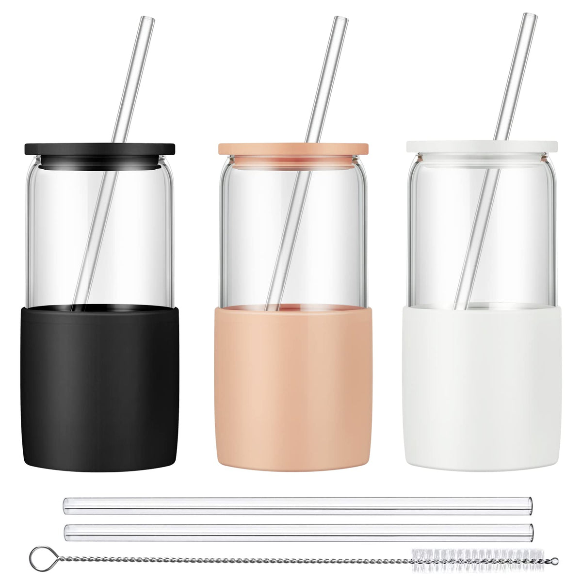 Sunseeke Glass Tumbler with Straw and Lid, 16oz Ice Coffee Cup, Silicone Sleeve Cleaning Brushes, Drinking Glasses for Water, Iced Coffee, Smoothie -BPA Free -3 Pack