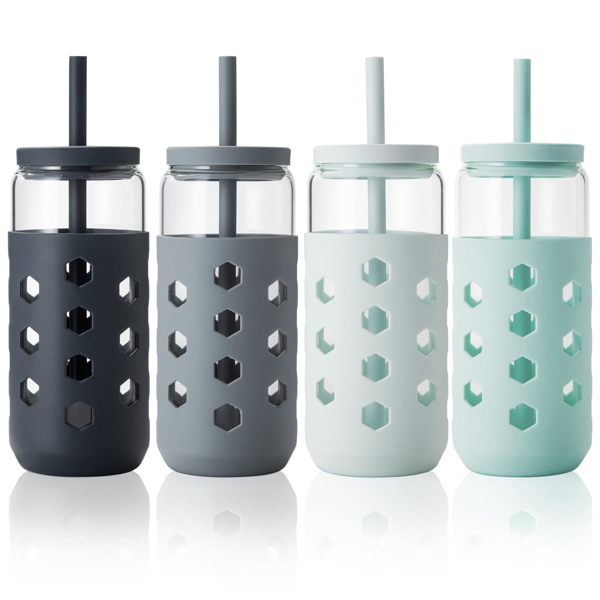 Mrsdry 16 oz Glass Cups with Lids and Straws for Gift, 4-Pack, Mint