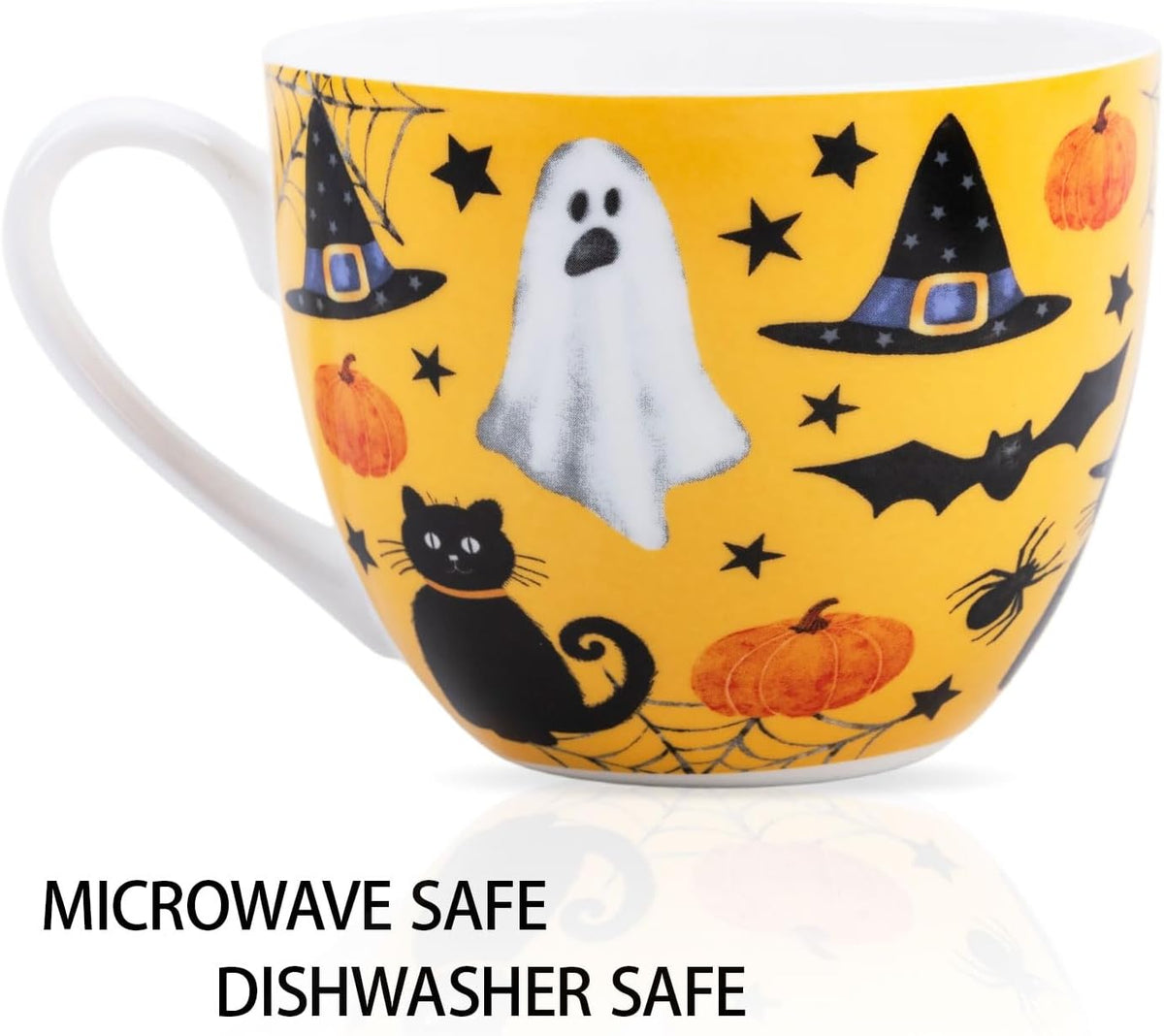 Orange Halloween Mug – 20oz Bone China Coffee Mug with Black Cat, Ghost, Pumpkin & Bat, Perfect Fall Gift for Halloween Lovers, Designed in England by Harvest Green Studio
