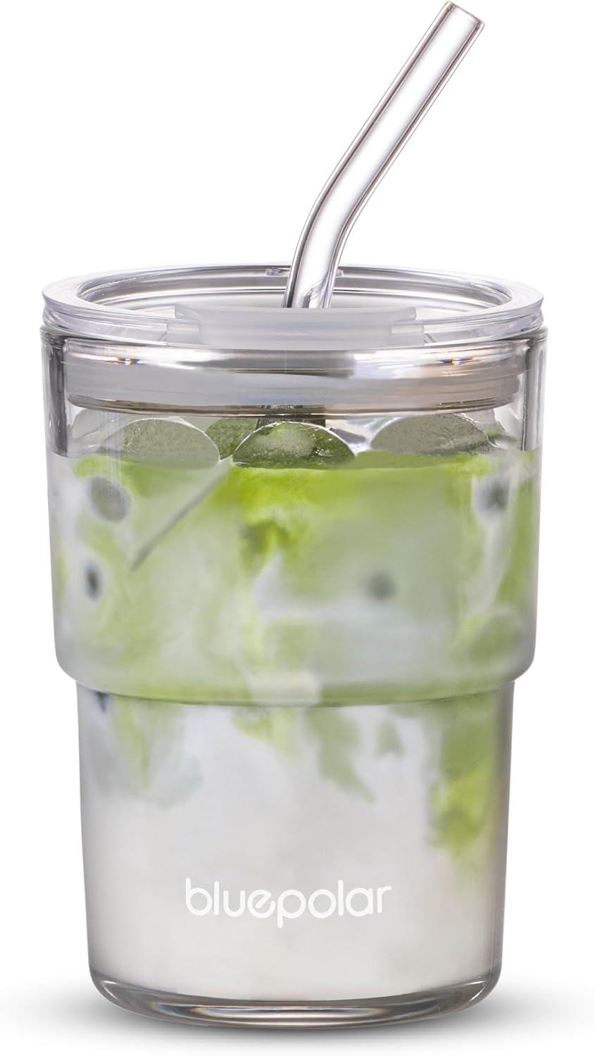 BLUEPOLAR 13oz/400ml Iced Coffee Cups with Lids and Straw，Sealed Carry On Thick Wall Glass Matcha Tumbler for Juice，Water, Late,Tea Fits Car Cup Holders for Office，Gym(Aurora White