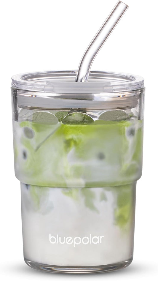 BLUEPOLAR 13oz/400ml Iced Coffee Cups with Lids and Straw，Sealed Carry On Thick Wall Glass Matcha Tumbler for Juice，Water, Late,Tea Fits Car Cup Holders for Office，Gym(Aurora White