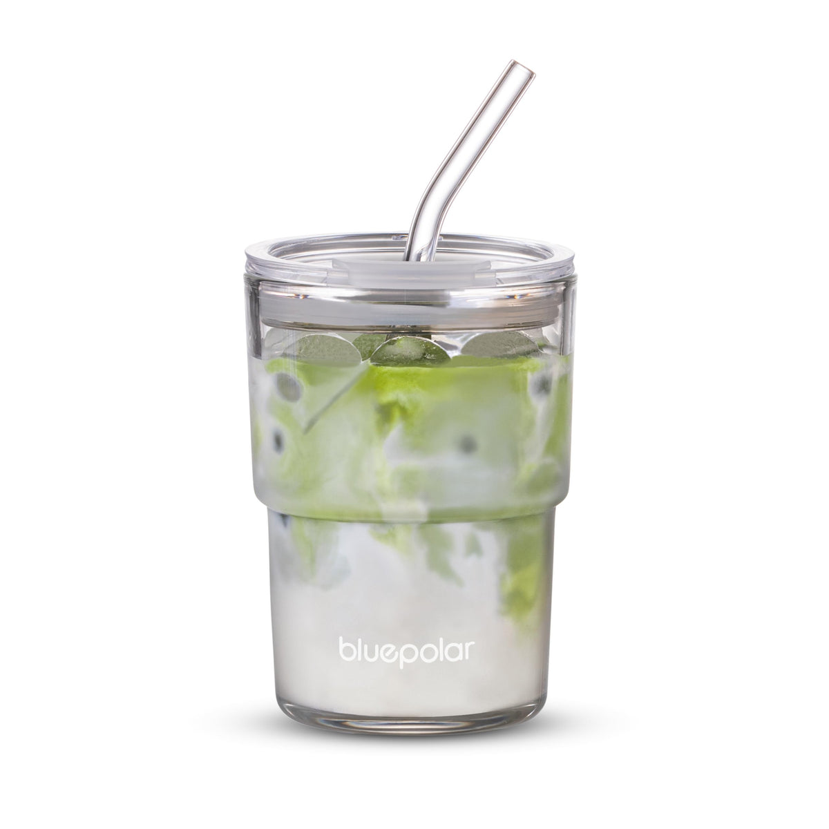 BLUEPOLAR 13oz/400ml Iced Coffee Cups with Lids and Straw，Sealed Carry On Thick Wall Glass Matcha Tumbler for Juice，Water, Late,Tea Fits Car Cup Holders for Office，Gym(Aurora White
