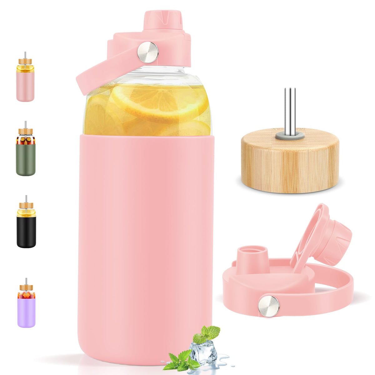 PROBTTL 40 oz Glass Tumbler with Handle - Sports Clear Borosilicate Glass Water Bottle with Straw, Silicone Sleeve, 2 Lids - Handle Spout & Bamboo Straw Lid, Fits Car Cup Holder, Leakproof (Olive)