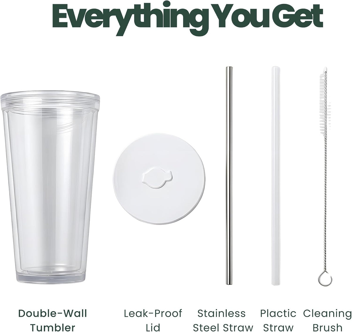 Reusable Iced Coffee Cup with Lid and Straw, 24 oz/Venti, BPA-Free Double-Wall Insulated Plastic Tumbler for Cold Drinks, Includes Clear Plastic Straw, Stainless Steel Straw and Cleaning Brush, White