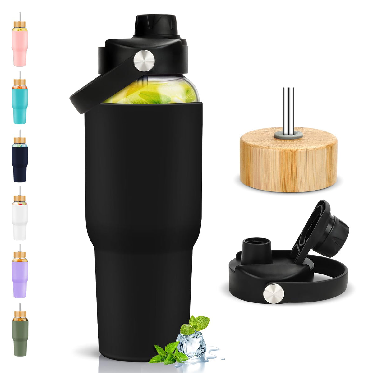 PROBTTL 40 oz Glass Tumbler with Handle - Sports Clear Borosilicate Glass Water Bottle with Straw, Silicone Sleeve, 2 Lids - Handle Spout & Bamboo Straw Lid, Fits Car Cup Holder, Leakproof (Olive)