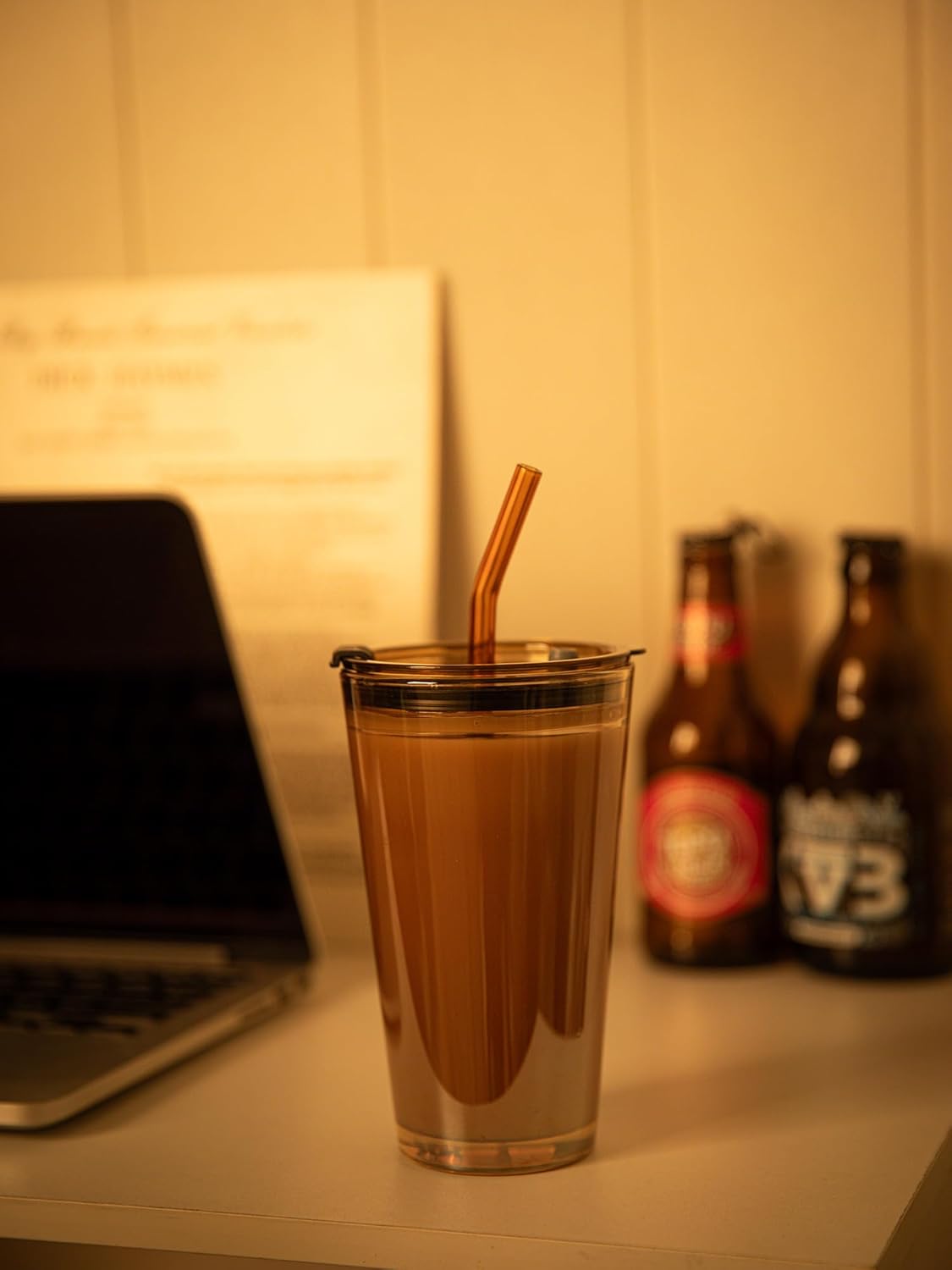 Olvini 15oz Glass Tumbler with Straw and Lid, Cute Iced Coffee Cups, Aesthetic Glass Cups, Coffee Tumbler, Water Cup, Matcha Cup, Drinking Glasses (Amber)