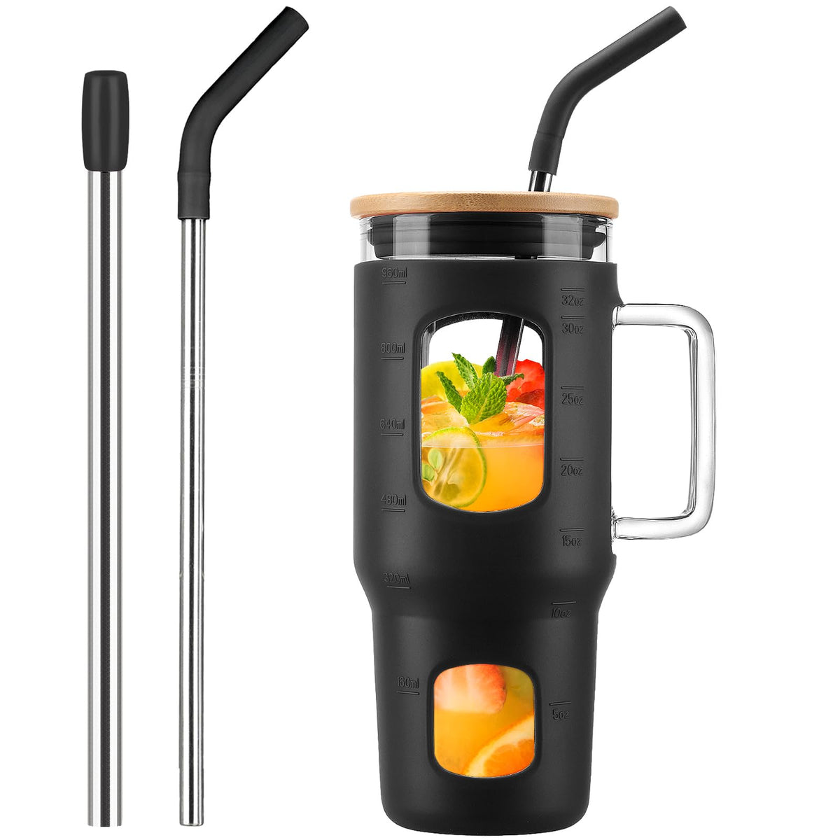 WINSA Glass Tumbler with Straw and Lid, 40 oz, Olive
