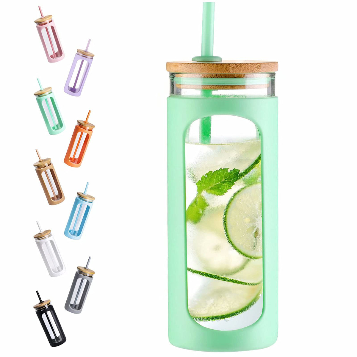Kodrine 20oz Glass Water Tumbler with Straw and Lid, Bamboo Lids Water Bottle, Iced Coffee Cup Reusable, Wide Mouth Smoothie Cups with Protective Silicone Sleeve BPA FREE-Amber