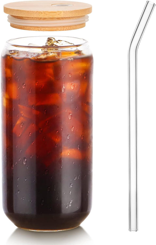 Glass Cup, 16oz Drinking Glasses with Lid, Straw, Coffee Beer Tumbler, 1 Pc