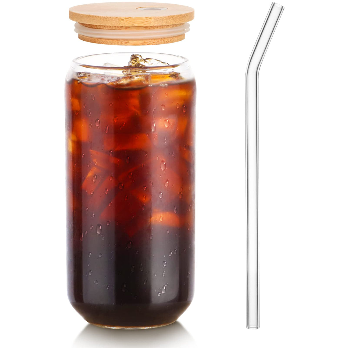 Glass Cup, 16oz Drinking Glasses with Lid, Straw, Coffee Beer Tumbler, 1 Pc