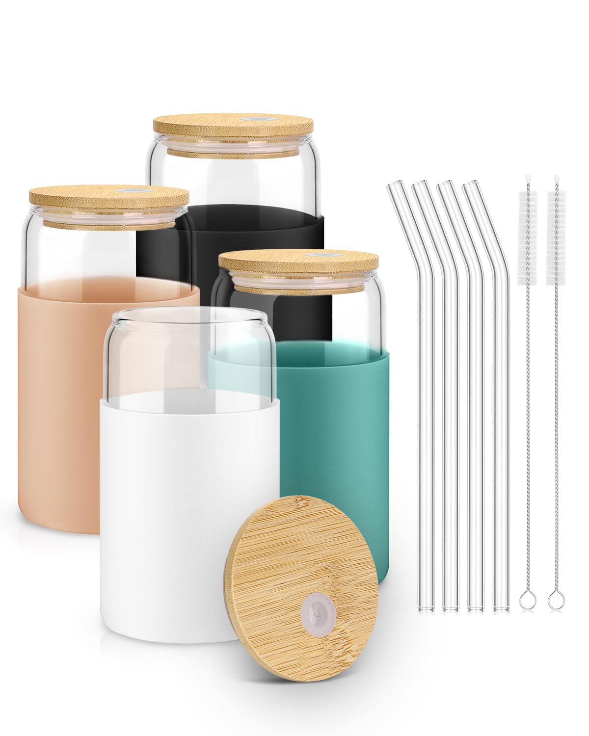 Glass Cups with Lids and Straws - 16 oz Glass Drinking Cups Set for Coffee