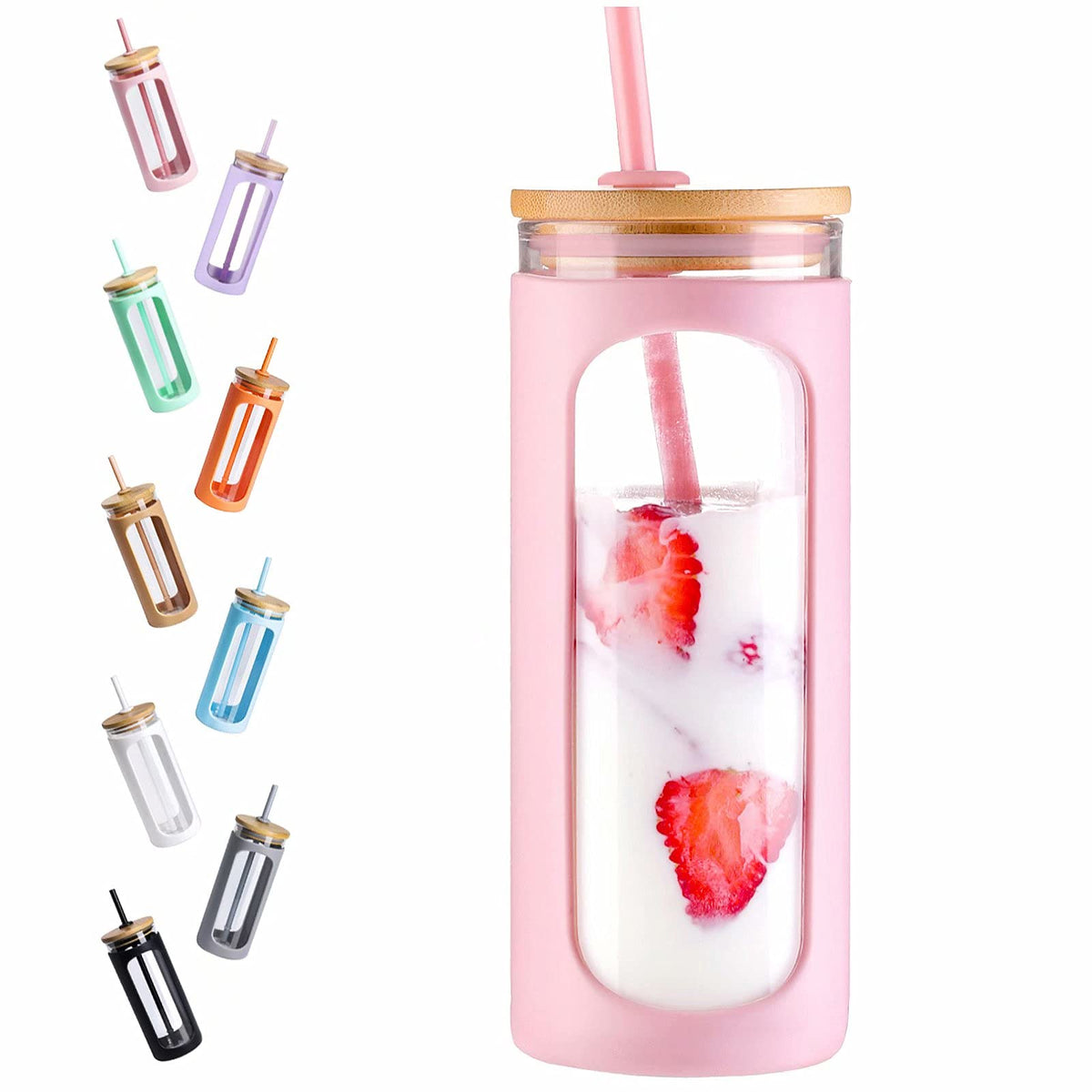 Kodrine 20oz Glass Water Tumbler with Straw and Lid, Bamboo Lids Water Bottle, Iced Coffee Cup Reusable, Wide Mouth Smoothie Cups with Protective Silicone Sleeve BPA FREE-Amber